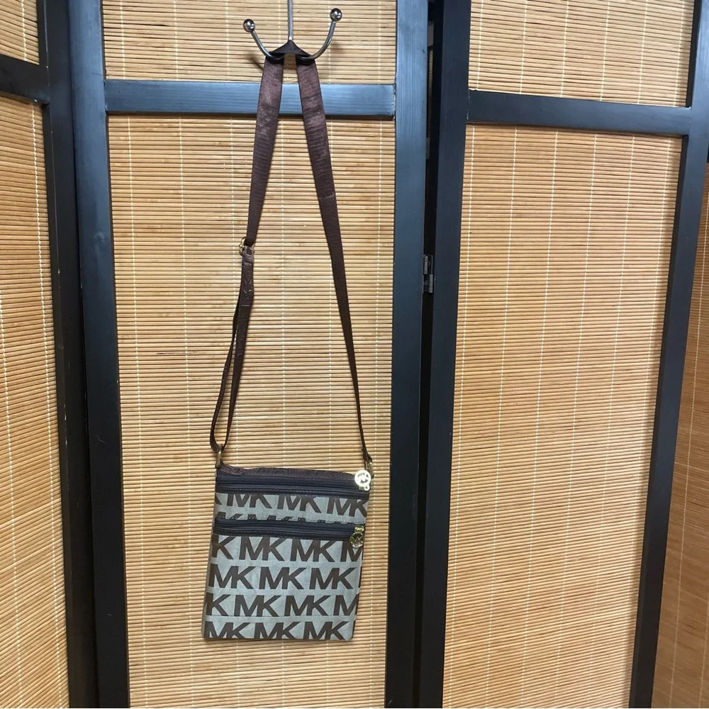 Michael Kors Brown MK Monogram Flat Crossbody Messenger Bag